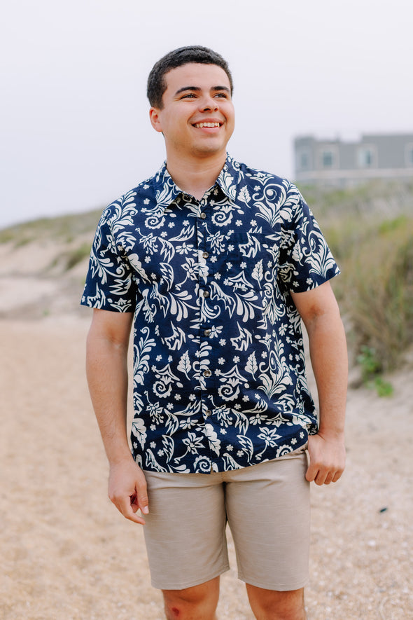 Leaves Short Sleeve Button Up Shirt - Navy