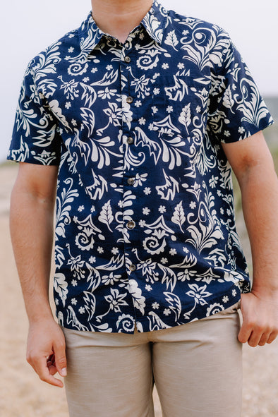 Leaves Short Sleeve Button Up Shirt - Navy
