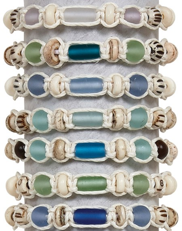 Macrame With Bone & Sea Glass Beads Adjustable Slide Knot Bracelet